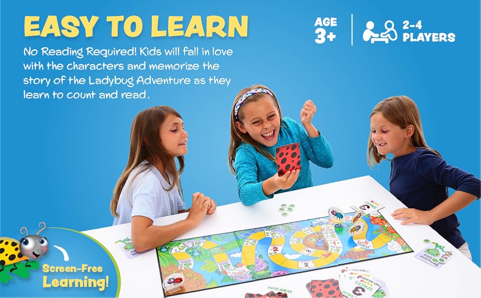 Three young girls playing the board game. Text : Easy to Learn. No Reading Required! Age 3 and up. 