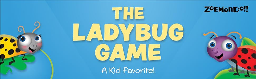 Two cartoon ladybugs and text on a blue background. Text reads: The Ladybug Game. A kids’ favorite!